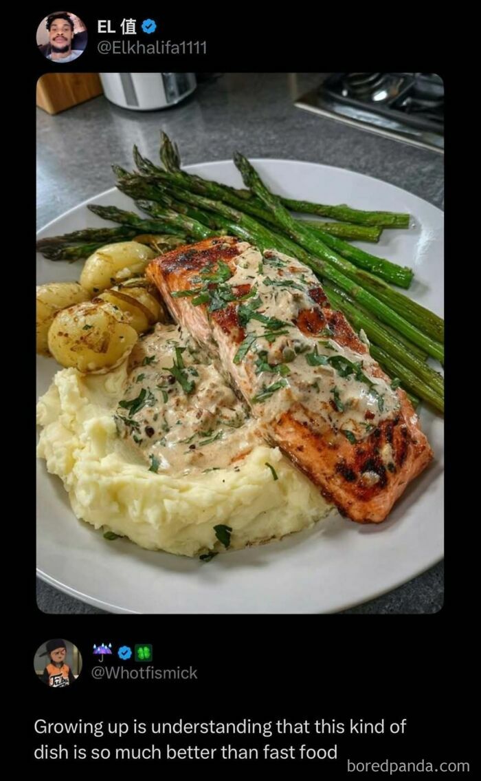 A plate of perfectly cooked salmon with asparagus and mashed potatoes, a meal featured in enjoyable internet posts.