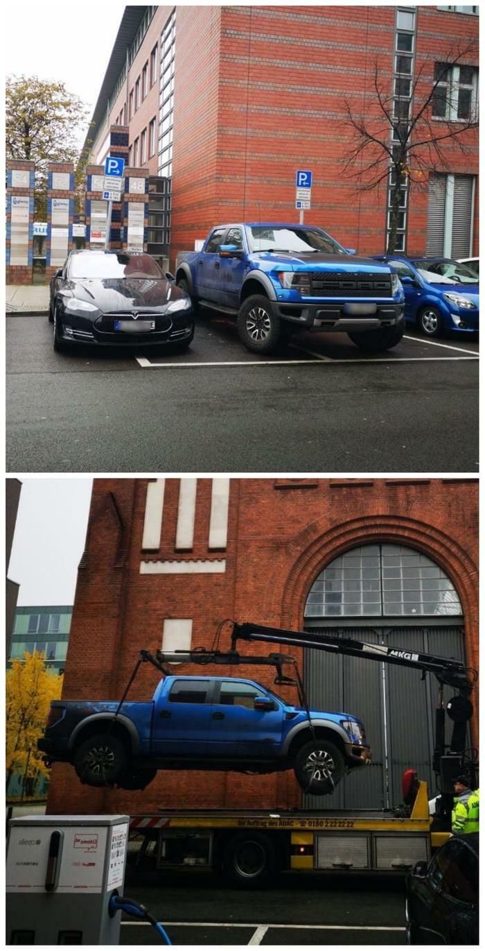 A split image showing outrageous parking: a blue truck next to a Tesla, and the truck being towed for parking violations.