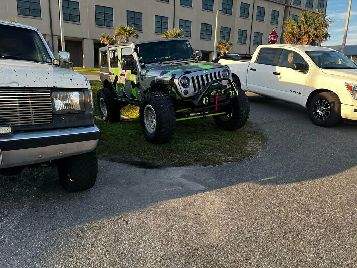 A modified Jeep with custom paint parked on a grassy area, an example of outrageous parking.