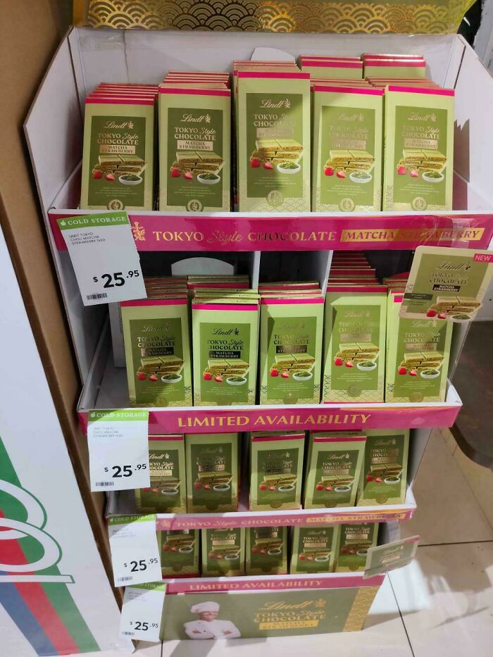 Disgusting food: Display of Tokyo style chocolate bars with Matcha and Strawberry flavors.