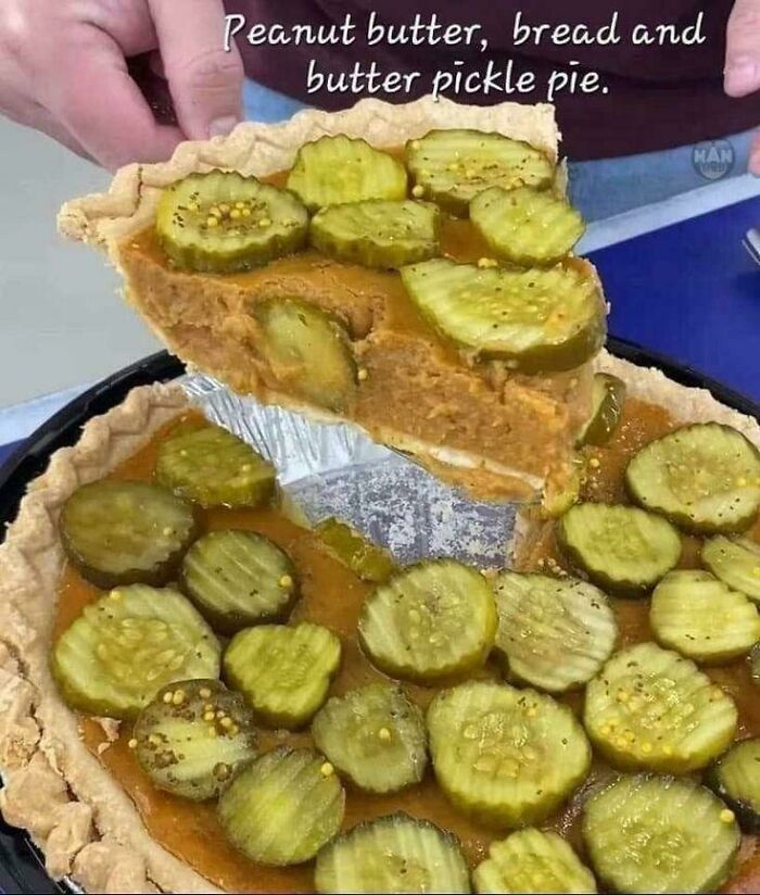A slice of stupid food: peanut butter, bread, and butter pickle pie, a truly disgusting combination.