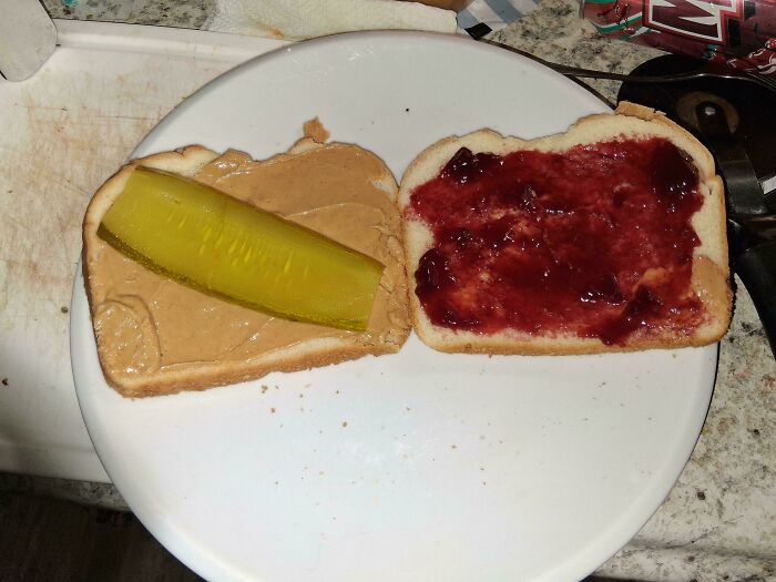 A plate of stupid food, a peanut butter and jelly sandwich with a large pickle spear on one side.