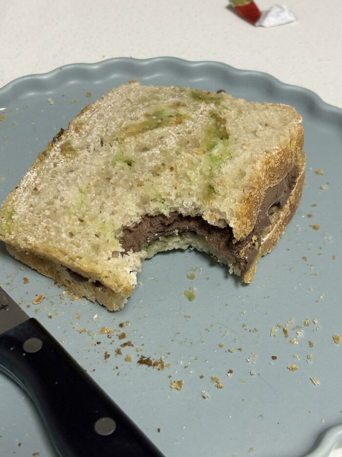 A bitten sandwich with green and brown fillings, showing a piece of stupid and disgusting food on a grey plate.