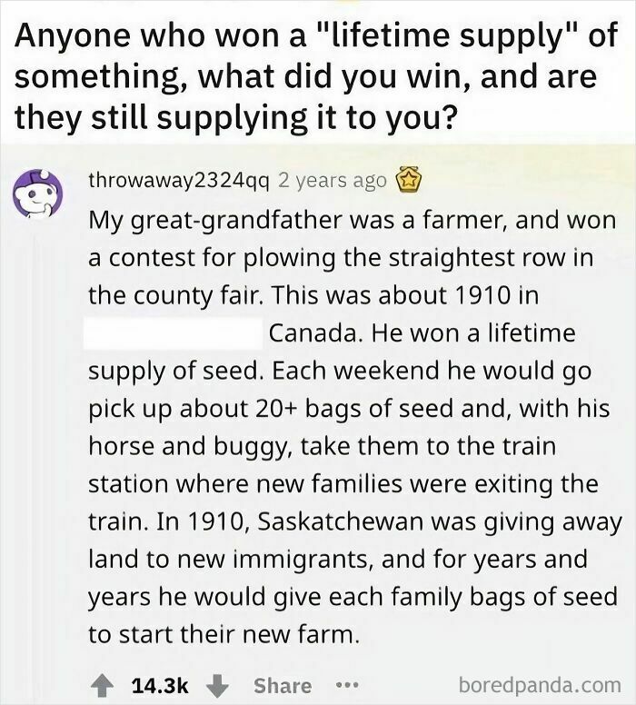 A nerdy meme discussing a great-grandfather who won a lifetime supply of seed in 1910, shared for good vibes.