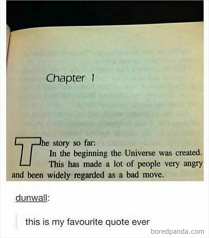 A page from a book titled Chapter 1 with text about the universe and a relatable meme.