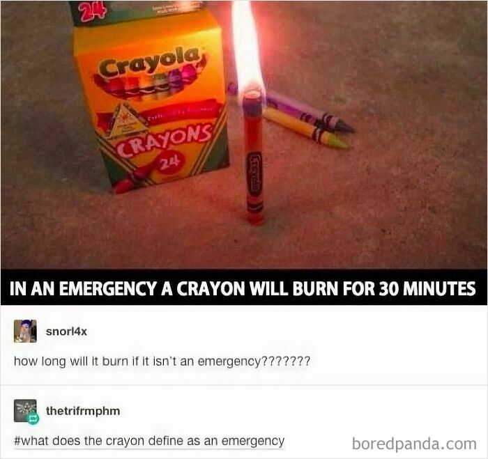 A burning crayon next to a Crayola box, sparking a discussion about funny relatable memes.