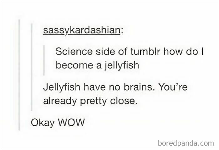 A Tumblr post asking how to become a jellyfish, with a reply saying jellyfish have no brains, a relatable meme.
