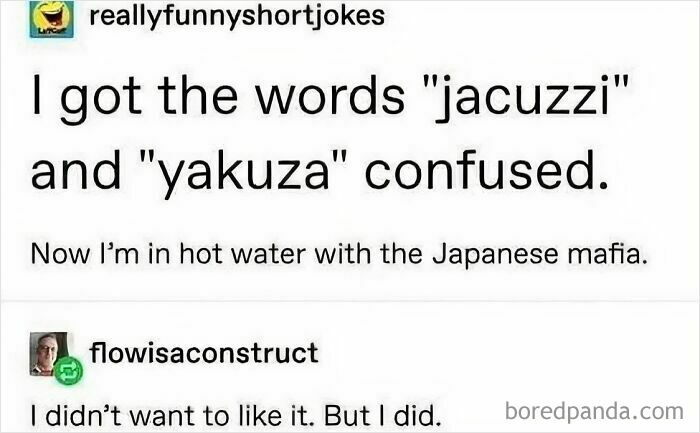 A funny meme about confusing the words jacuzzi and yakuza, leading to trouble with the Japanese mafia.