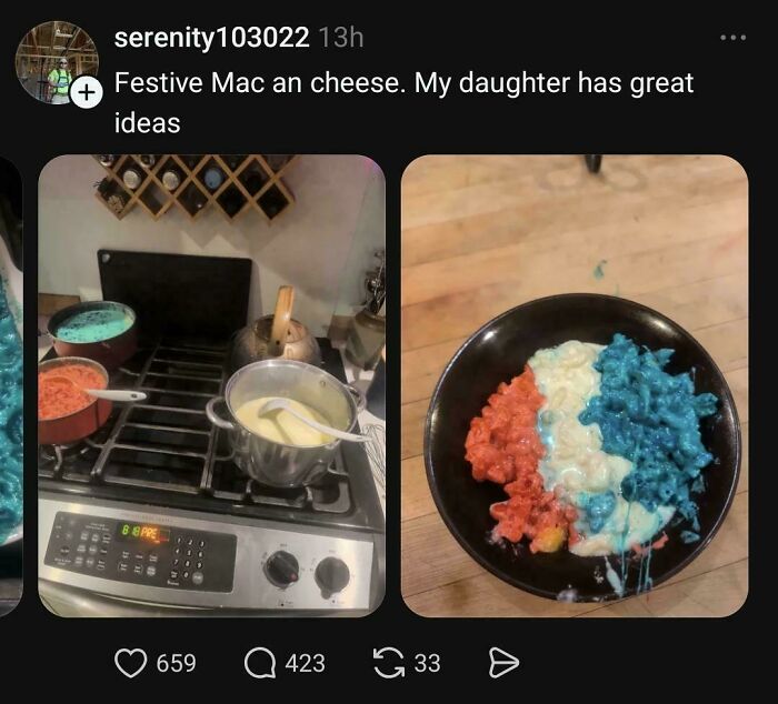 A two-panel image showing pots of colorful mac and cheese on a stove and a bowl with red, white, and blue mac and cheese, an example of disgusting food.