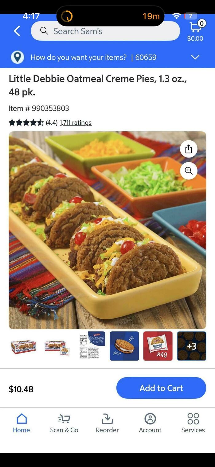Disgusting food: A mobile screen showing an online listing for Little Debbie Oatmeal Creme Pies presented as tacos.