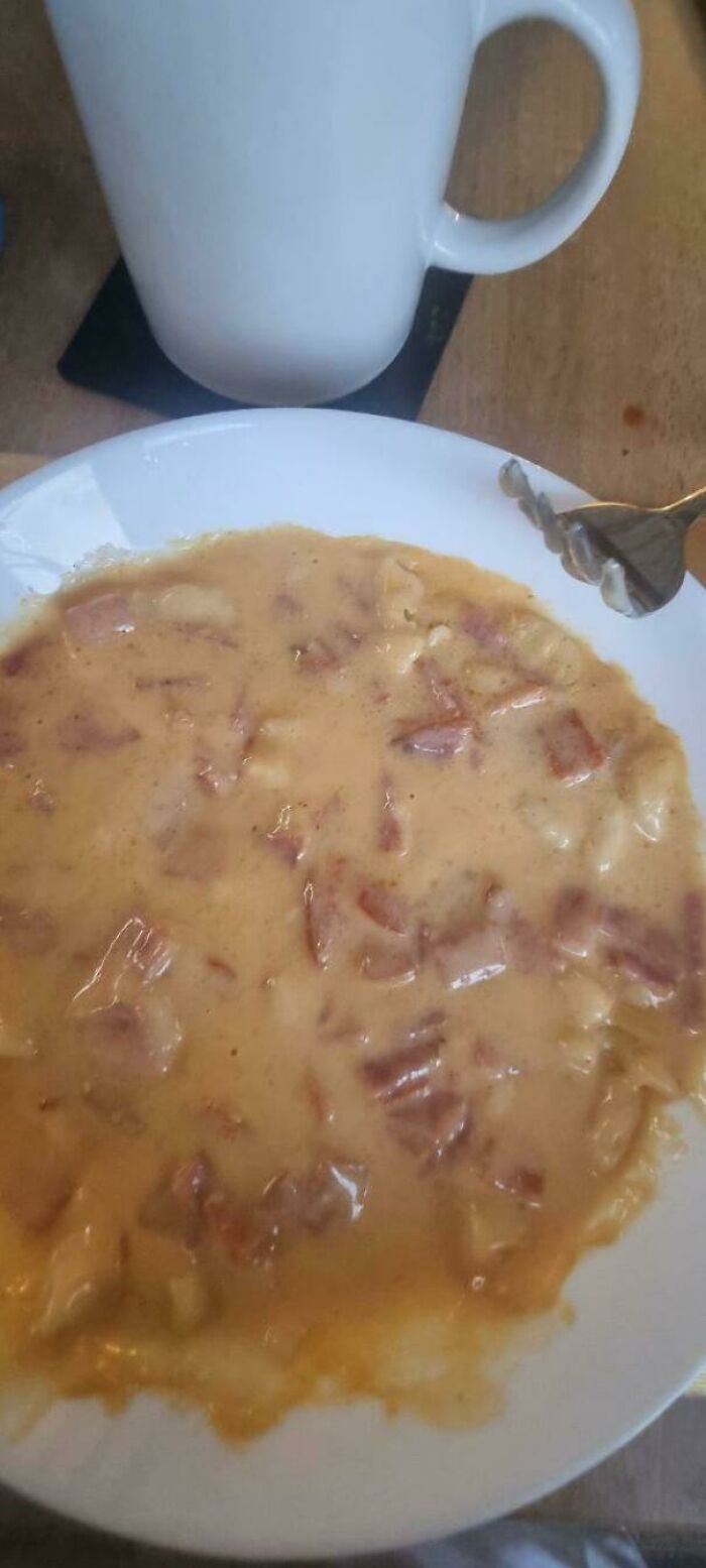 A bowl of a thick, unappetizing, and disgusting food mixture with chunks of meat in a creamy sauce.