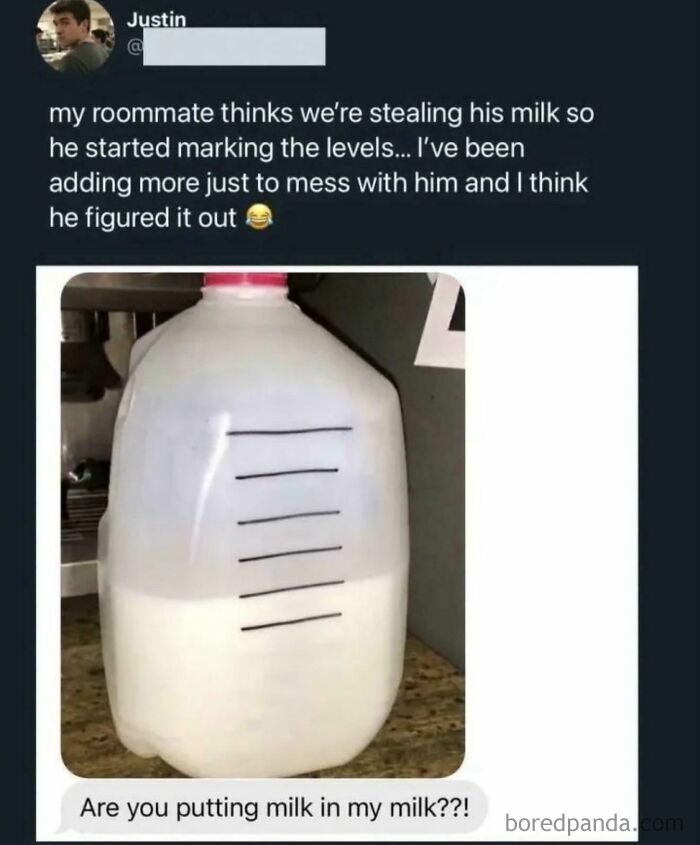 A funny screenshot of a roommate dispute over milk levels, with unpredictable sentences.