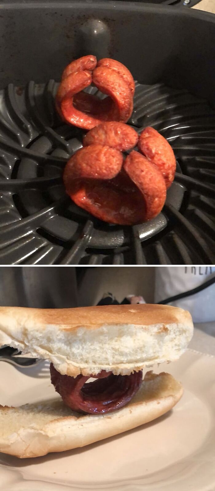 Disgusting food image showing two sausages tied in a knot and cooked, then one in a hot dog bun.
