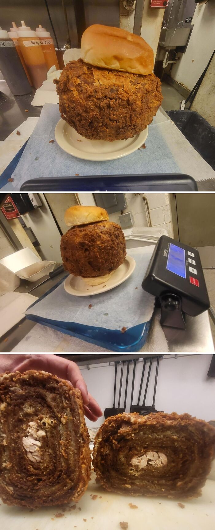 Disgusting food: Giant deep-fried burger patty on a bun, weighed on a scale, then cut open.