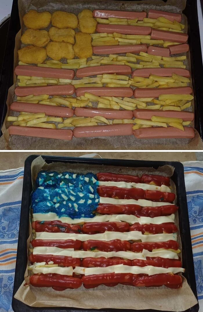 Disgusting food: A baking sheet with an American flag made of chicken nuggets, hot dogs, and french fries, later topped with ketchup, cheese, and blue icing.