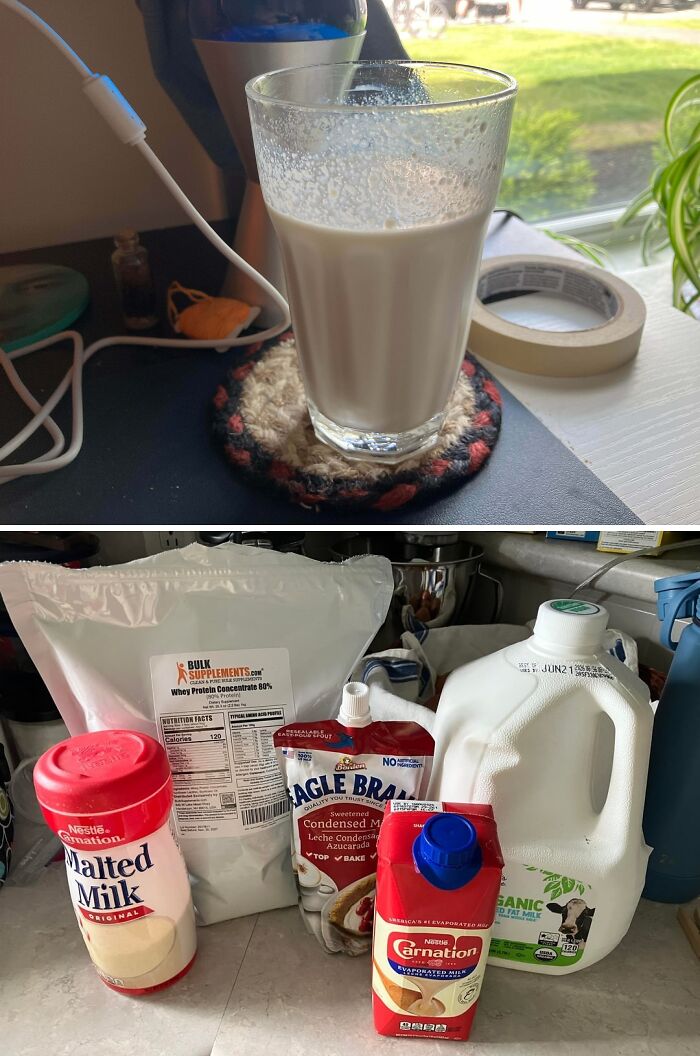 A glass of milk and various ingredients including protein powder, milk, and condensed milk. Disgusting food combination.