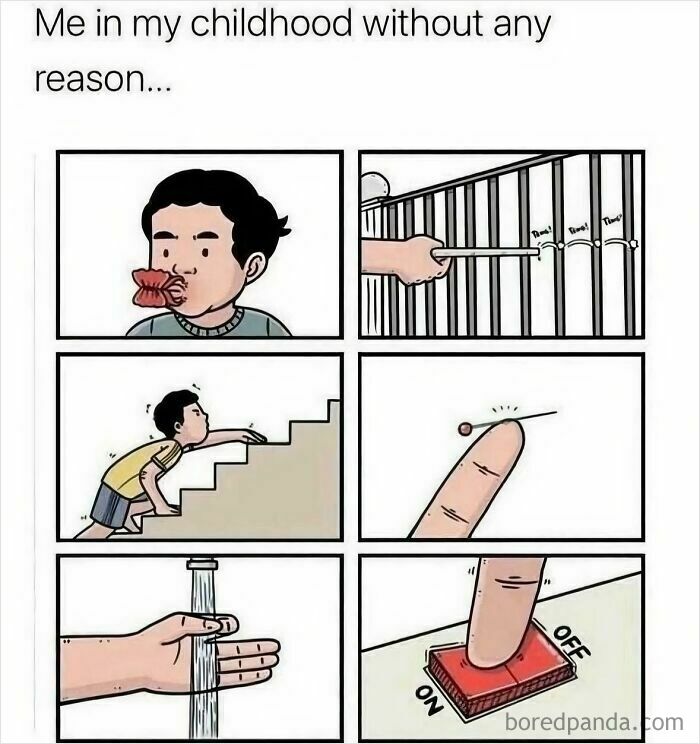 A six-panel comic showing childhood antics like making fish faces and playing with a pin, reminiscent of life in the 90s.