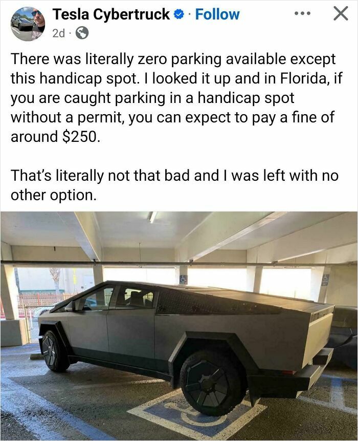 A Tesla Cybertruck parked in a handicap spot, an example of outrageous parking captured online.