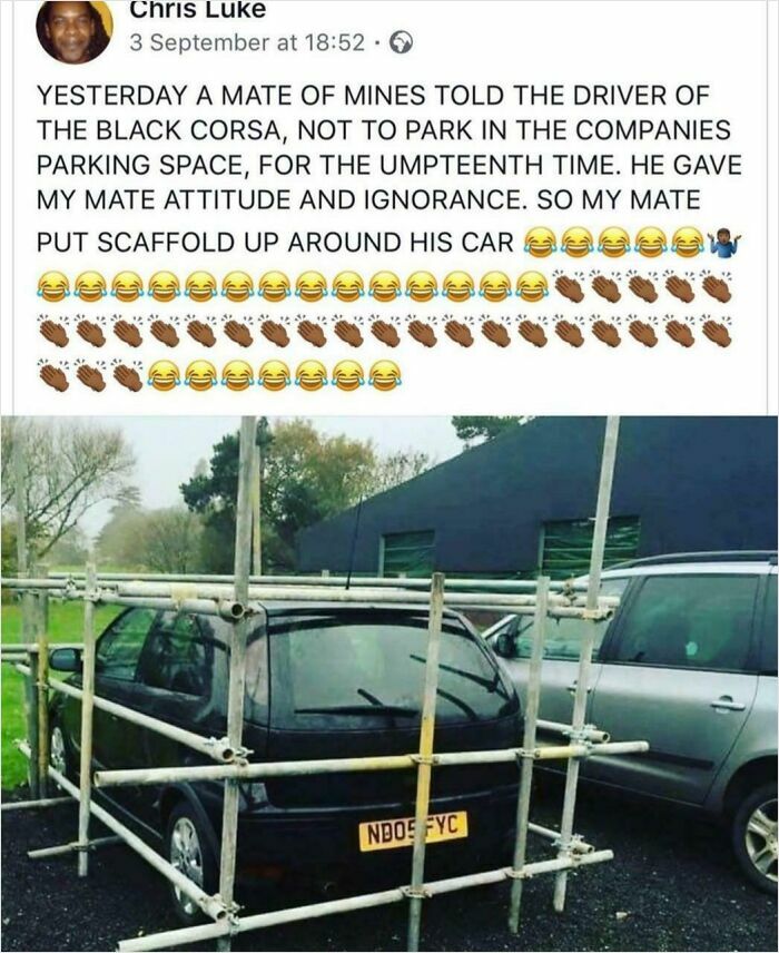 A black car surrounded by scaffolding as a prank for outrageous parking.