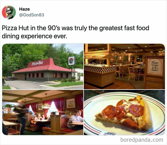 A collage of four images showing a Pizza Hut restaurant exterior, interior, and a slice of pepperoni pizza from the 90s.