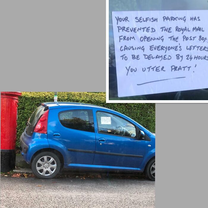 A blue car with a note on the window, illustrating outrageous parking blocking a post box and delaying mail.