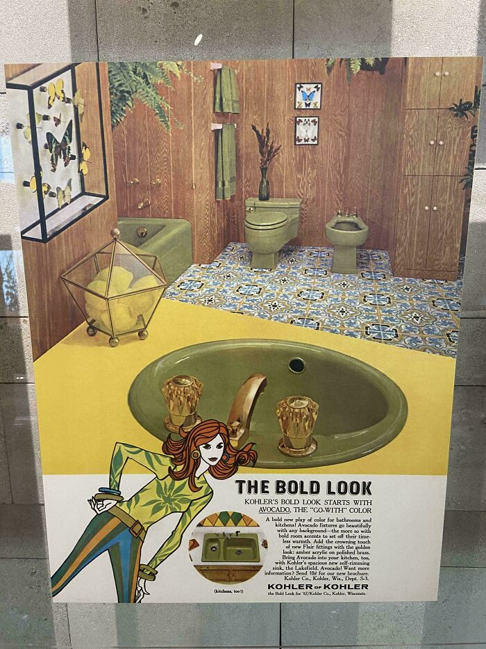 Vintage advertisement for bathroom fixtures, illustrating the avocado green trend in 1970s and 1980s interior design.