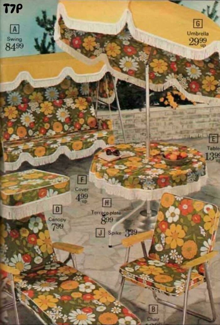 A retro patio furniture set with floral patterns, iconic of 1970s and 1980s interior design.
