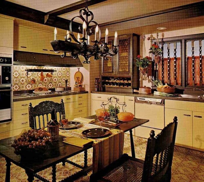 A warm 1970s interior design kitchen with a rustic chandelier, wooden dining set, and patterned tiles, showcasing the best.