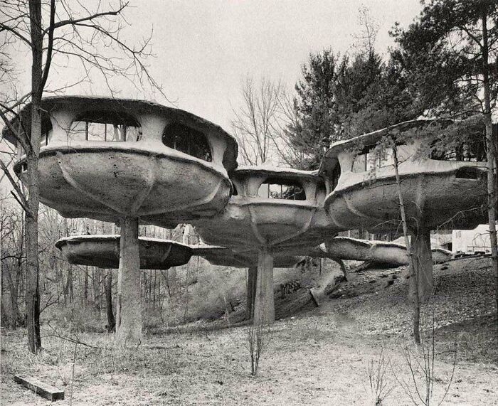 A unique mushroom house exemplifies 1970s and 1980s interior design in a wooded landscape.