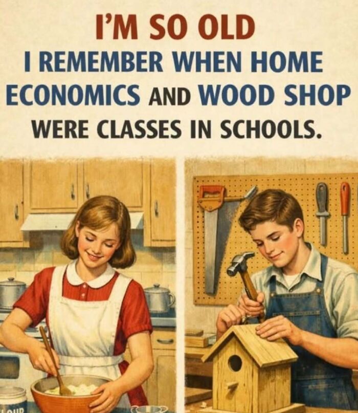 A Gen X meme showing a girl baking in home economics and a boy building a birdhouse in wood shop class.