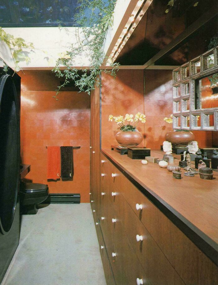A vibrant 1970s interior design bathroom with orange walls, wood cabinets, and green plants capturing the best of the era.