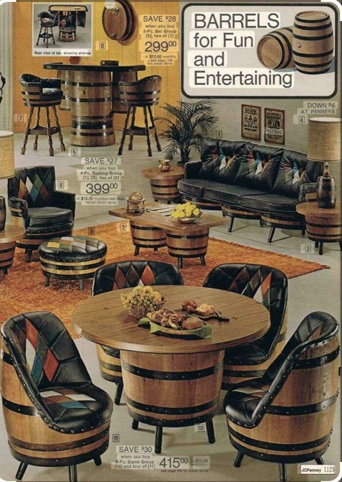 A 1970s and 1980s interior design catalog ad for barrel-themed furniture, including dining and living room sets.