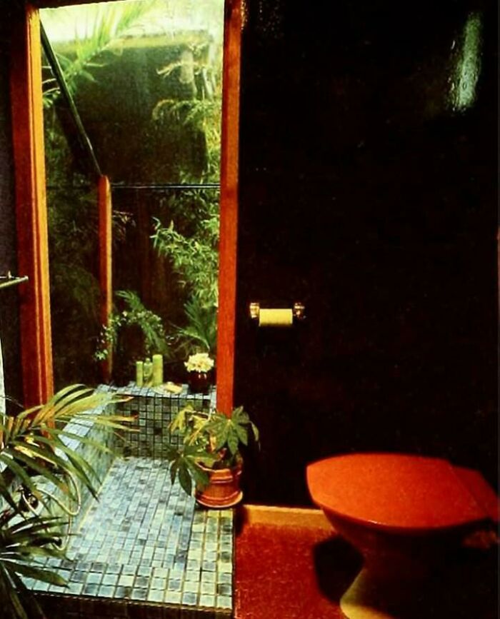 A unique 1970s interior design bathroom with an orange toilet, blue tiled shower area, and lush green plants.