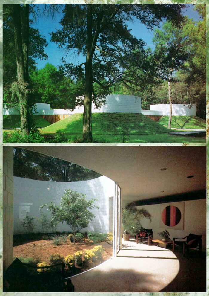 A split image showing 1970s and 1980s interior design with white, circular buildings amidst trees and an indoor courtyard.