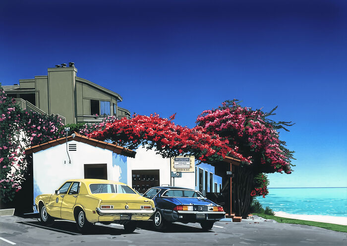 An artistic rendering of 1970s and 1980s interior design with two classic cars parked in front of a building with red bougainvillea.