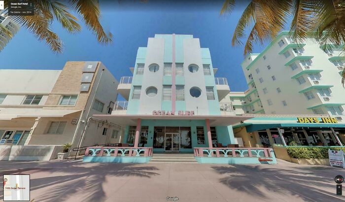 Ocean Surf Hotel facade with colorful Art Deco architecture, reminiscent of 1970s and 1980s design aesthetics.