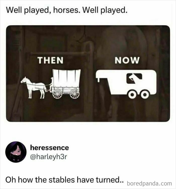 A humorous meme depicting horse transportation then and now, ideal for random memes.