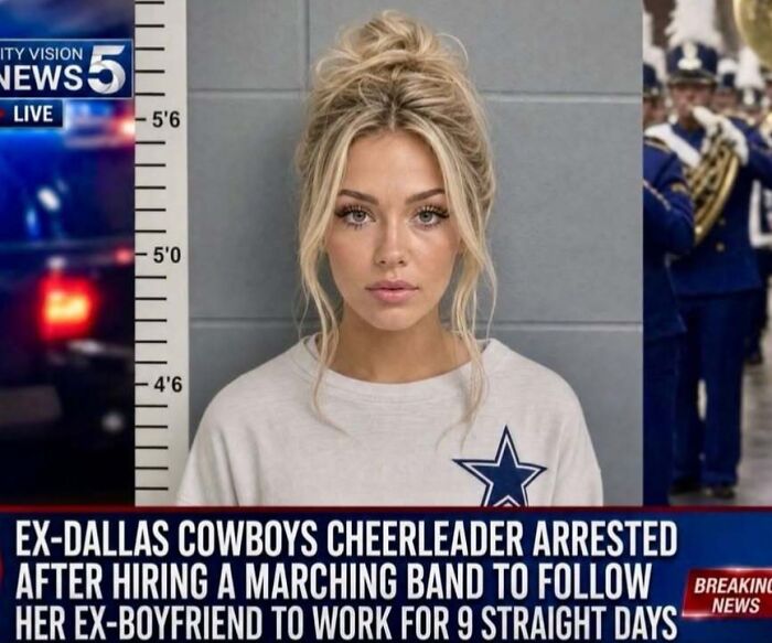 An ex-Dallas Cowboys cheerleader's mugshot after her arrest for hiring a marching band, making for a quick laugh.
