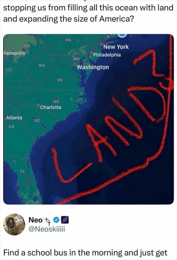 A map with LAND written over the ocean, a humorous image for quick laugh random memes.