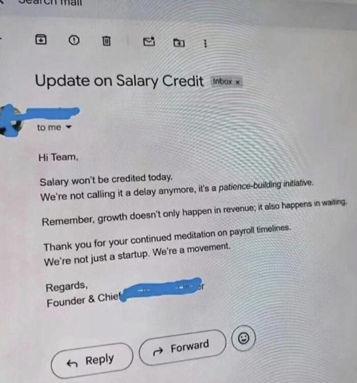 Corporate email blaming salary delay on patience-building initiative