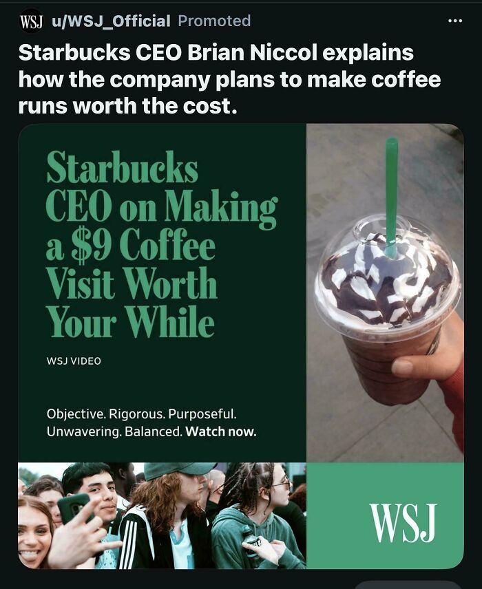 A promotional image for Starbucks about making a $9 coffee visit worth your while, showing the price difference in consumerism.