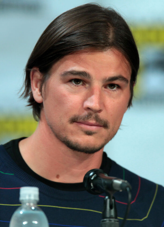 A close-up of Josh Hartnett, showing his bio and career highlights, at an event with a microphone in front of him.