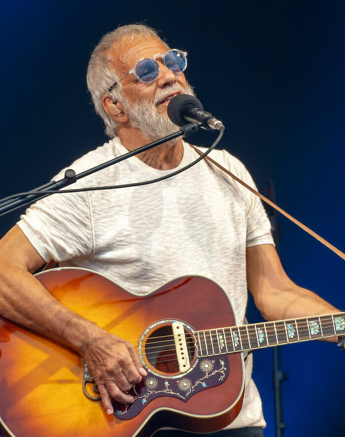 Cat Stevens performing live on stage, playing an acoustic guitar and singing into a microphone, showcasing his career highlights.
