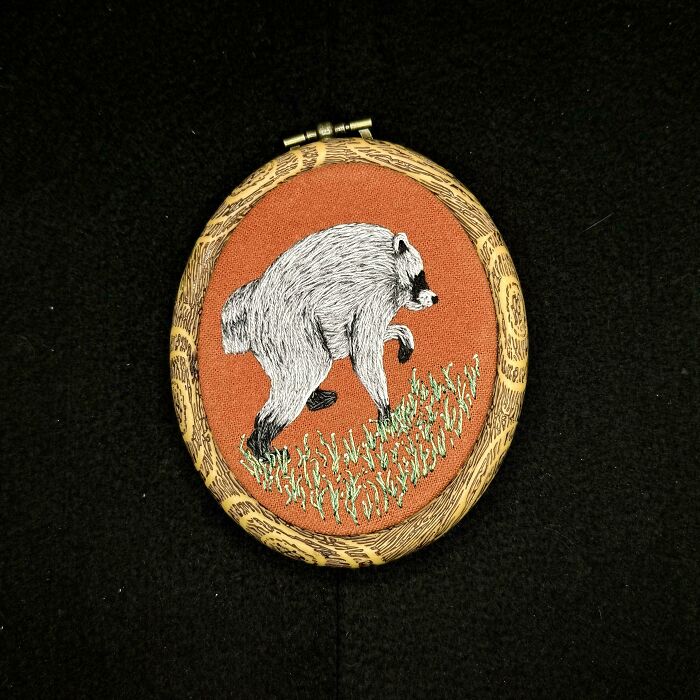 An embroidery project depicting a raccoon walking in green grass