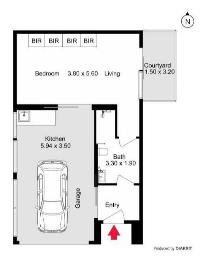 A bizarre floor plan where a car is in the kitchen area, a clear construction fail.