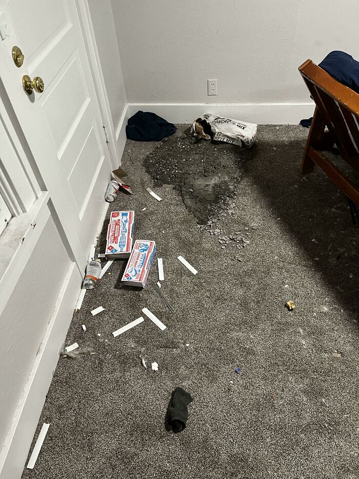 A cluttered floor with spilled debris and empty boxes, asking for help fixing things and finding answers to problems.