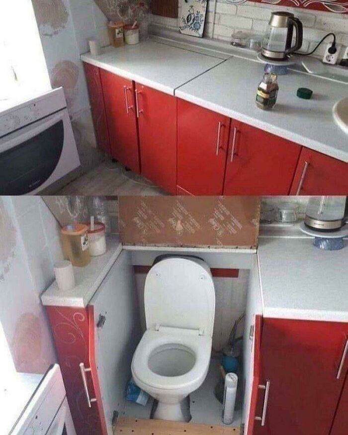 A construction fail: a toilet awkwardly placed beneath a kitchen counter, showcasing poor design choices.