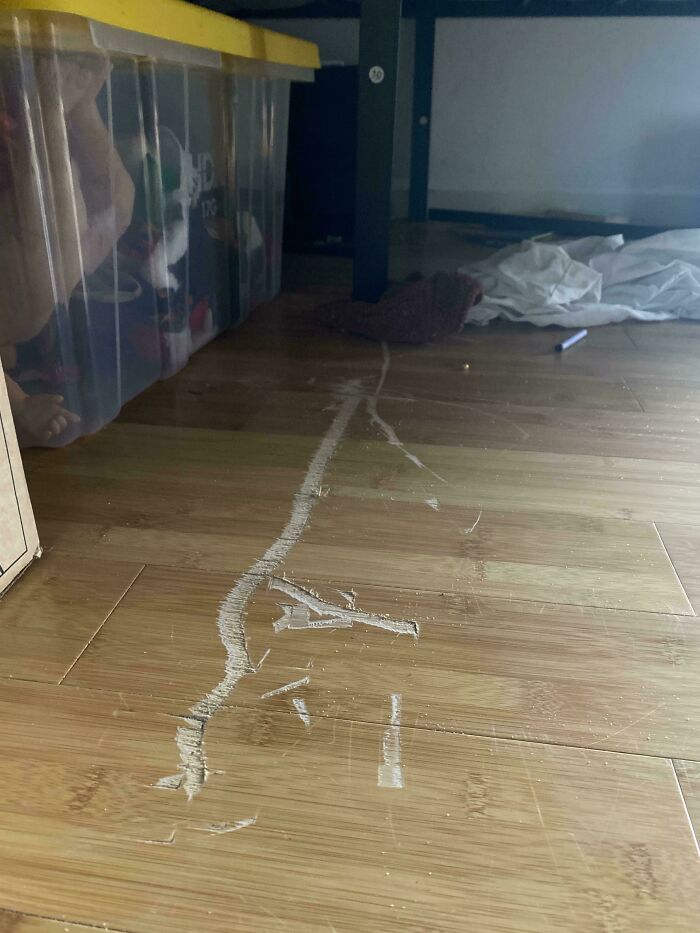 Image of a messy wooden floor with a white substance. People ask for help fixing things.