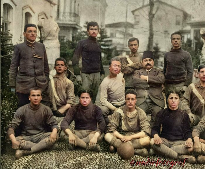 Historical photos: A football team poses for a group portrait, showing a past moment in sports history.