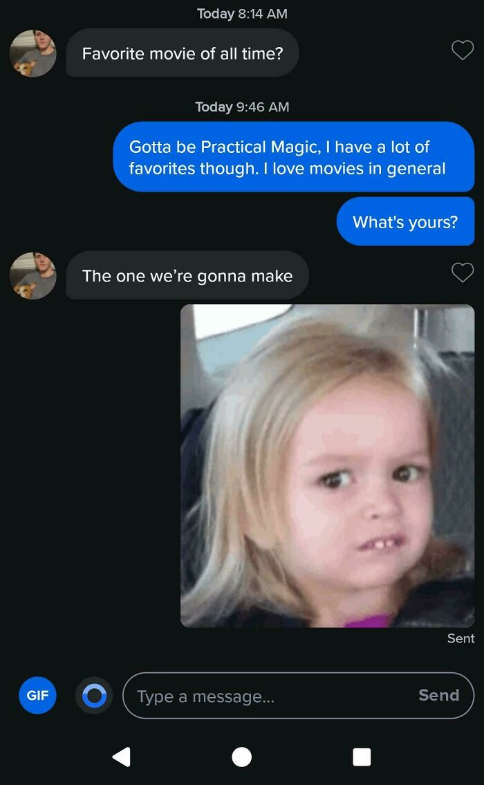 A screenshot of uncomfortable messaging where a man makes a woman disappointed with a creepy response about making a movie together.